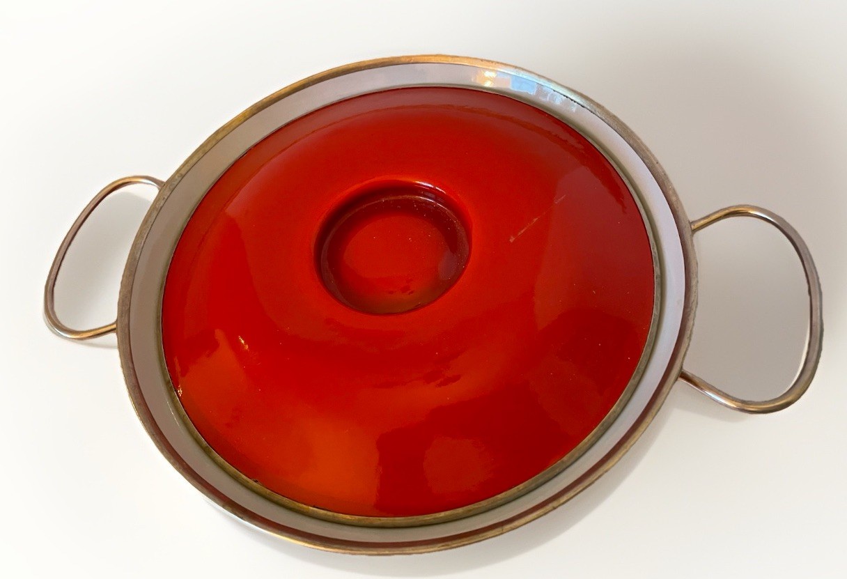Vintage MCM Red & White Lotus Enamelware Pot w Lid Silver Metal Trim 7” Danish
