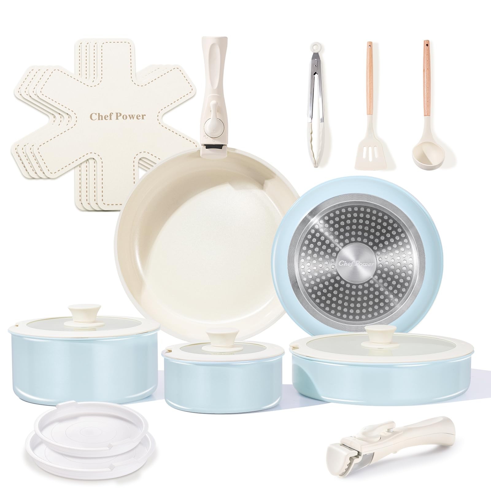 Ceramic Nonstick Pots and Pans Set 19 Piece with Detachable Handle, Induction…