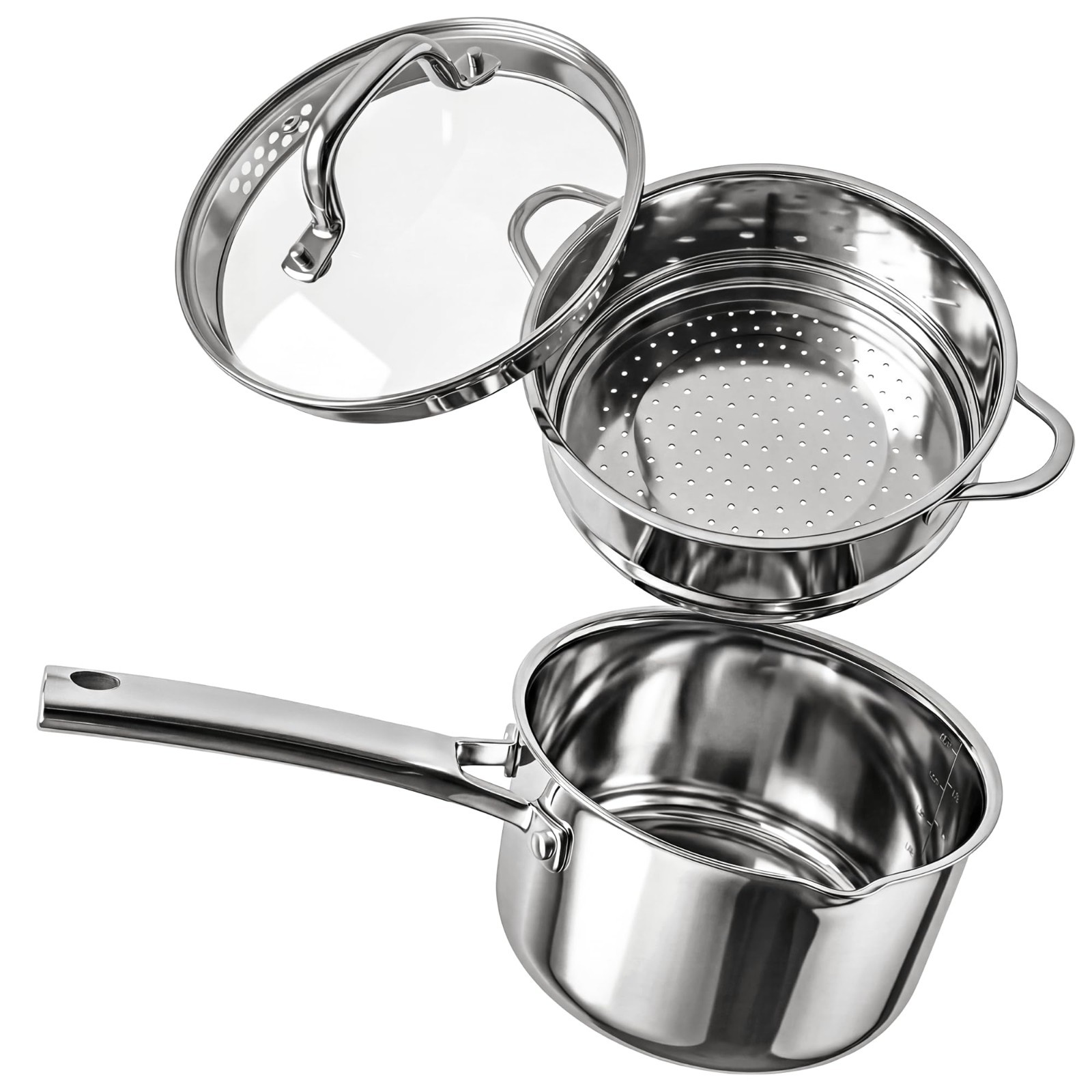 2-in-1 Stainless Steel Steamer & Saucepan Set – 1.5 Qt with Pour Spouts & Glass
