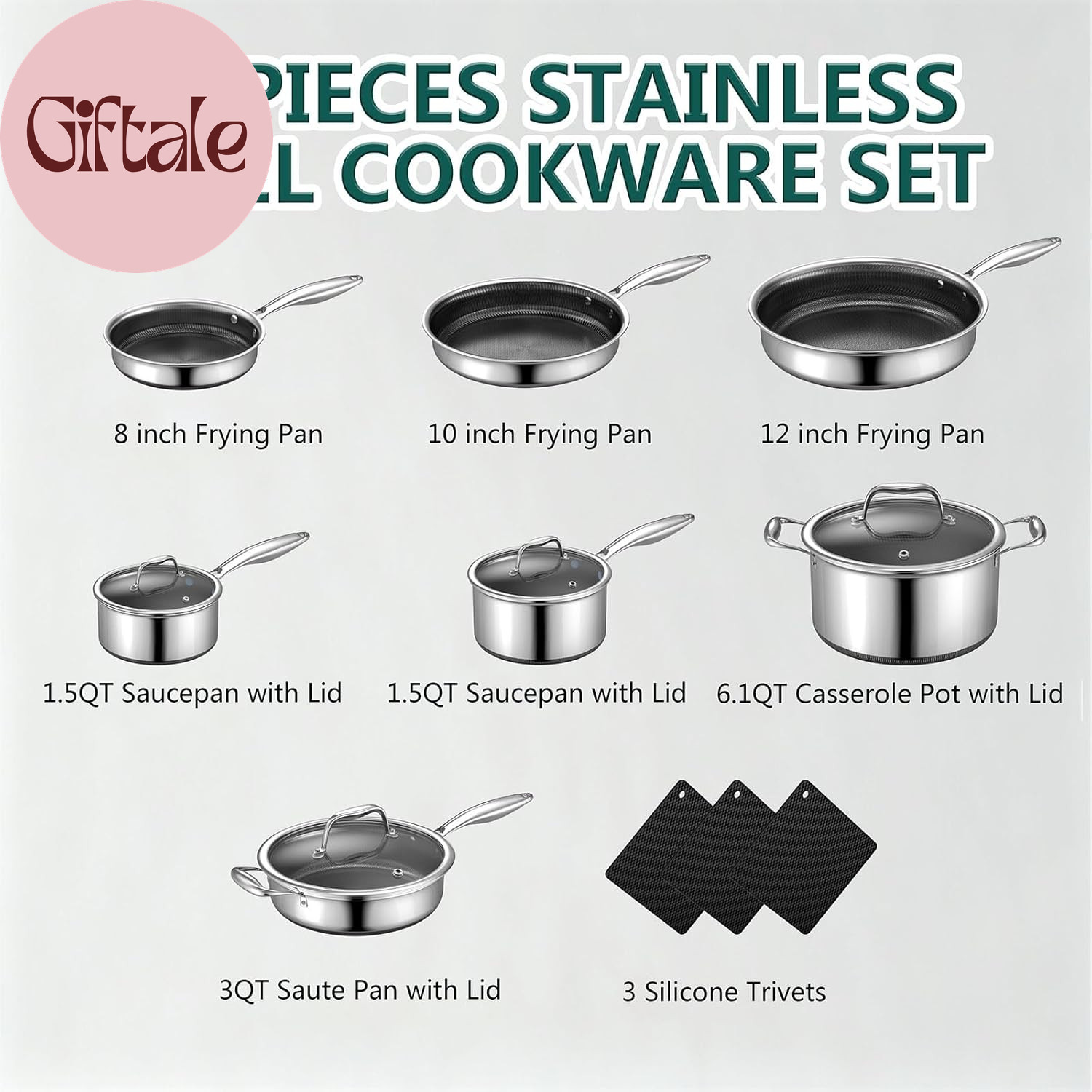 14 Piece Hybrid Stainless Steel Cookware Set Nonstick Pots and Pans