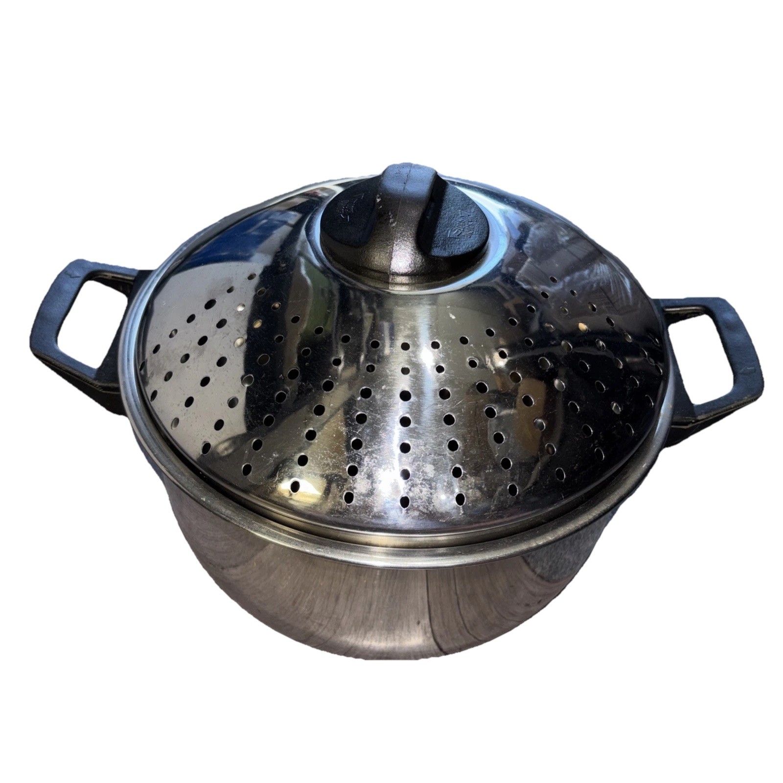 Pasta Pot 6 Quart Stainless Steel Locking Lid Strainer Holes Silver Double Grip