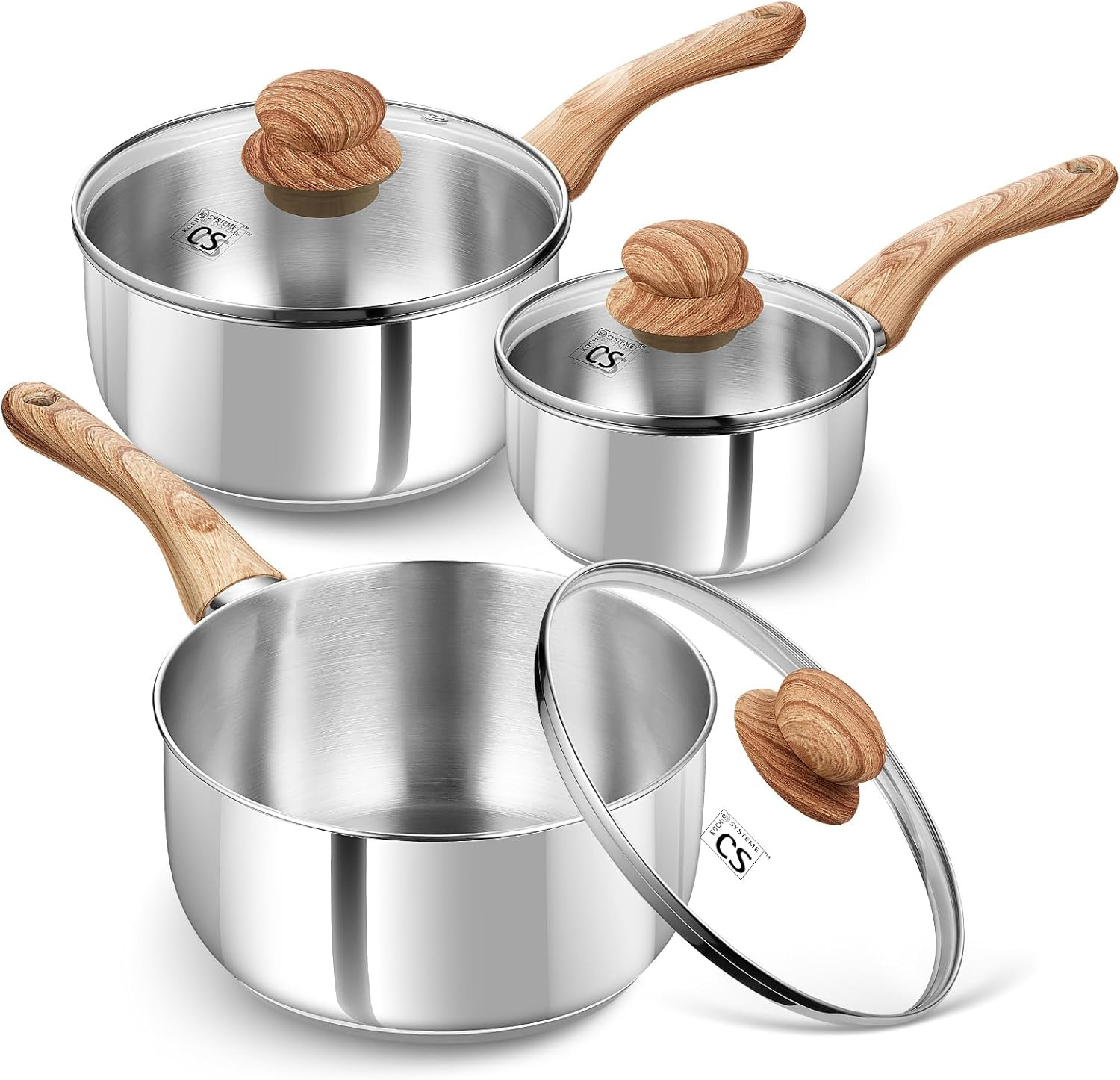 Stainless Steel Saucepan Set, 6 Piece Stainless Steel Pot 1QT & 2QT & 3QT with H