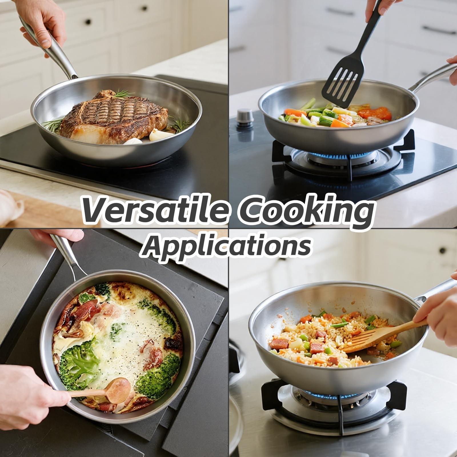 Kirecoo Tri-Ply Stainless Steel Pan – 12 Inch Frying Pan, Fast and Even Heat Sta