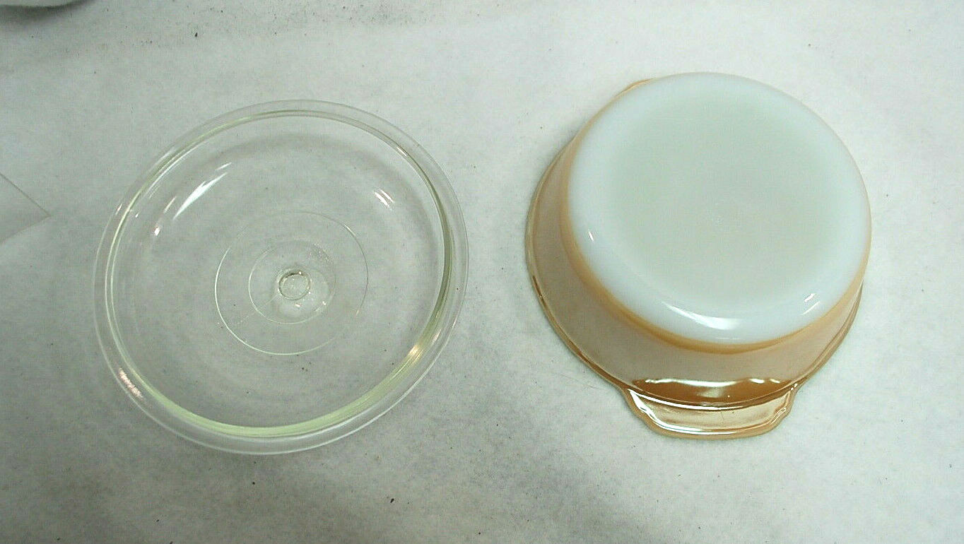 Fire King Peach Luster Casserole Green Interior and Glass Lid 1-1/2 qt. S9340