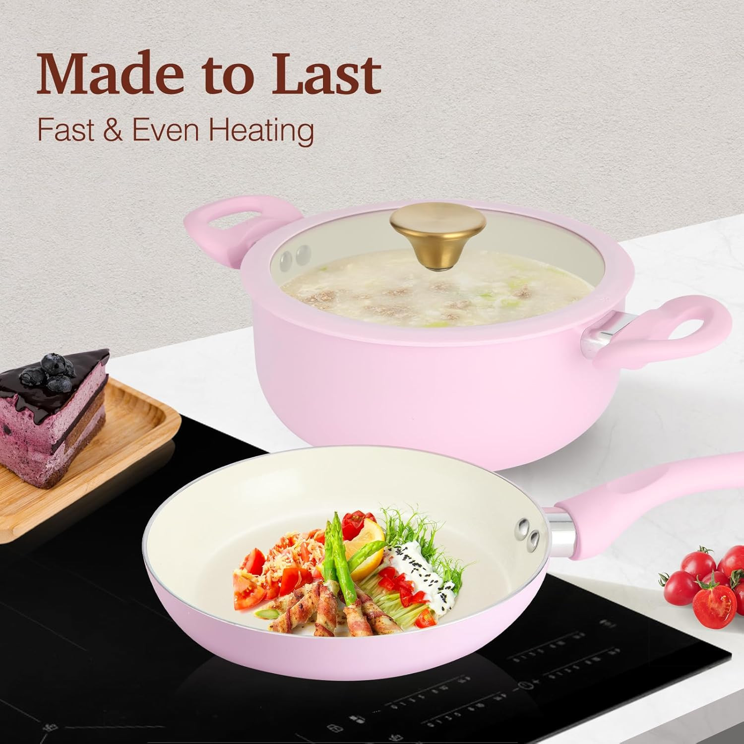 Stylish 11-Piece Pink Non-Stick Cookware Set with Gold Knobs & Stay-Cool Handles
