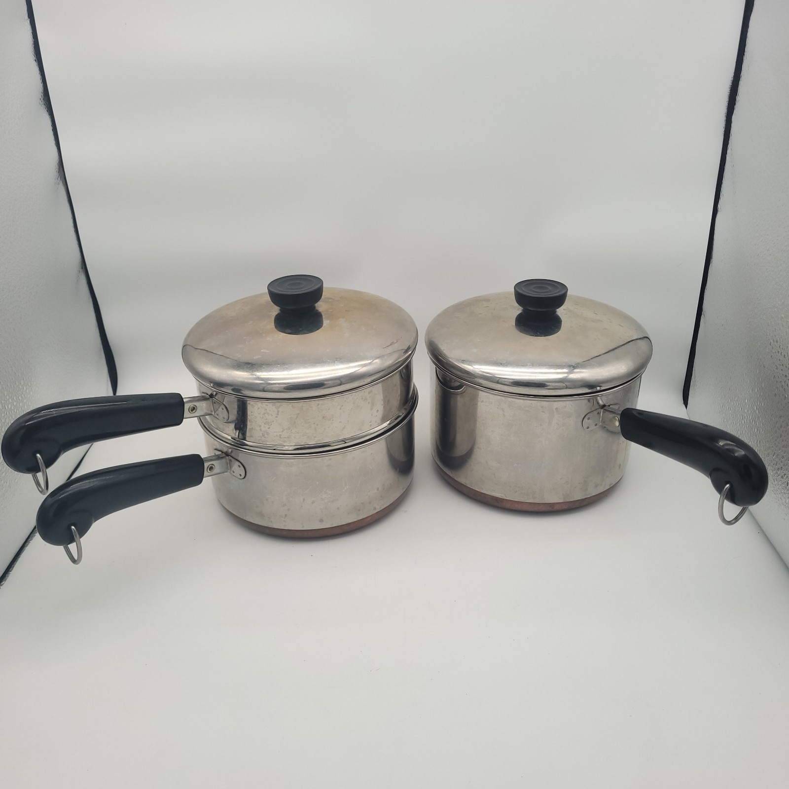 Revere Ware Copper Bottom 2qt & 3qt Double Boiler Steamer Pot Set, Lids Vtg 5 Pc