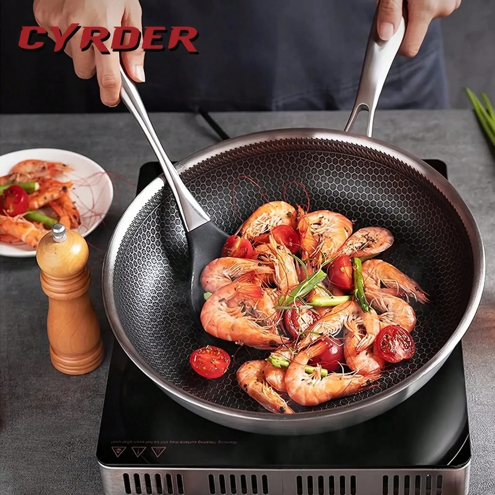 13.3″ Honeycomb Stainless Steel Wok Pan With Lid Scratch Resistant Induction