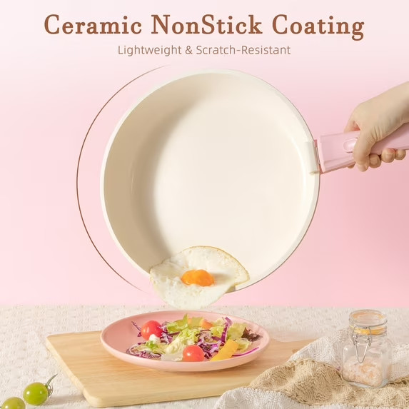 20-Piece Ceramic Pots and Pans Set, Nonstick Cookware Set with Detachable PINK