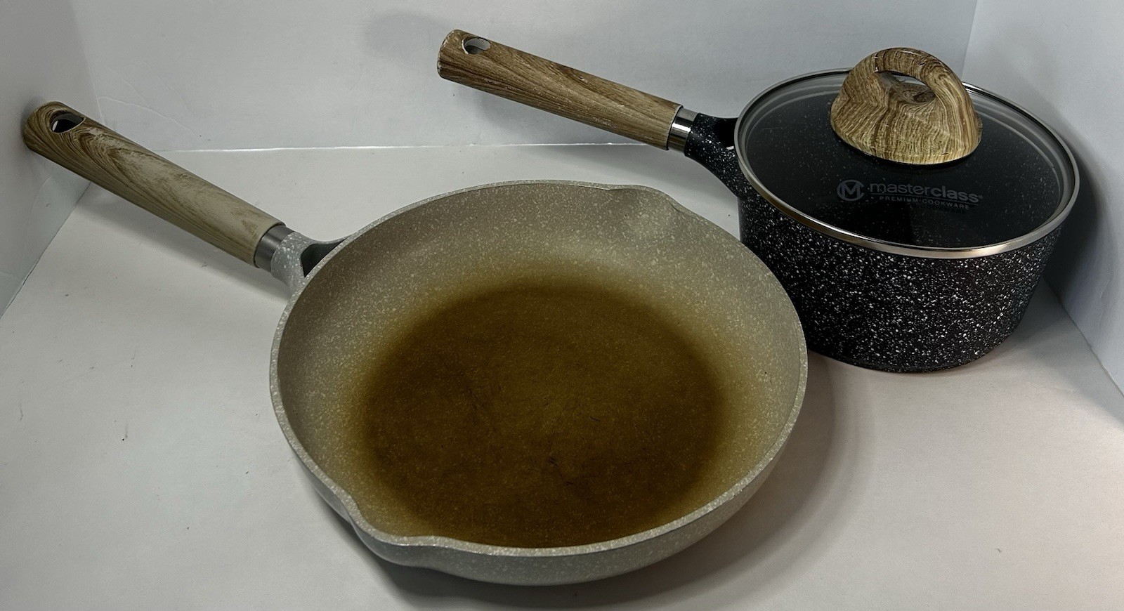Masterclass Premium Cookware. Frying Pan & Sauce Pan. One Lid. Some Light Wear.