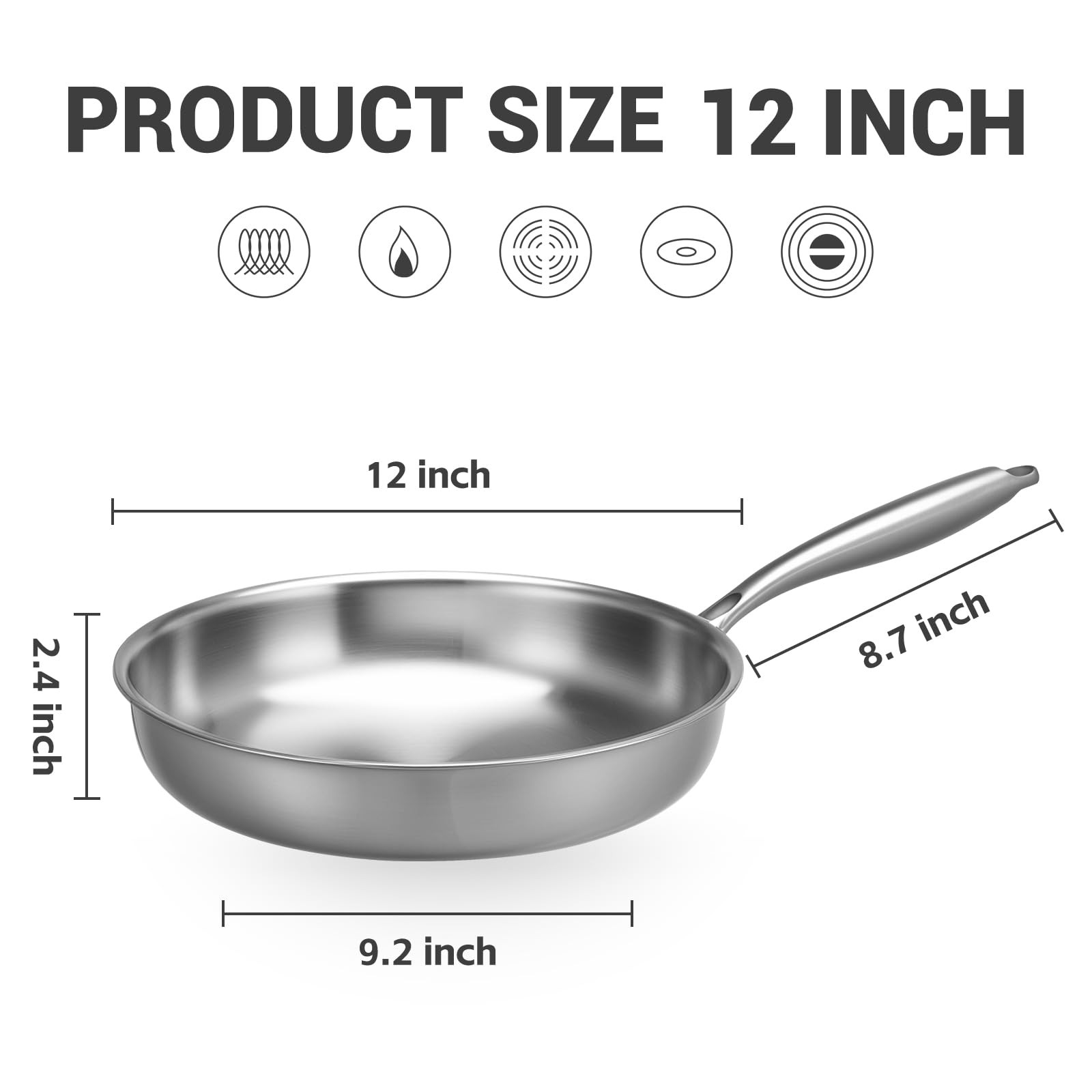 Kirecoo Tri-Ply Stainless Steel Pan – 12 Inch Frying Pan, Fast and Even Heat Sta
