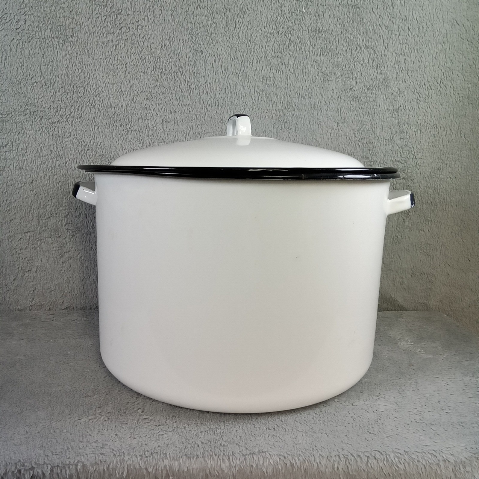 Vintage White Enamel Stock Pot Large Canning Basin with Lid Black Rim 12.5in