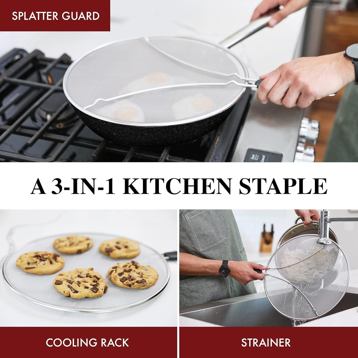 Splatter Screen for Frying Pan – 9.5/11.5/13 Inch Stainless Steel Grease Splatte