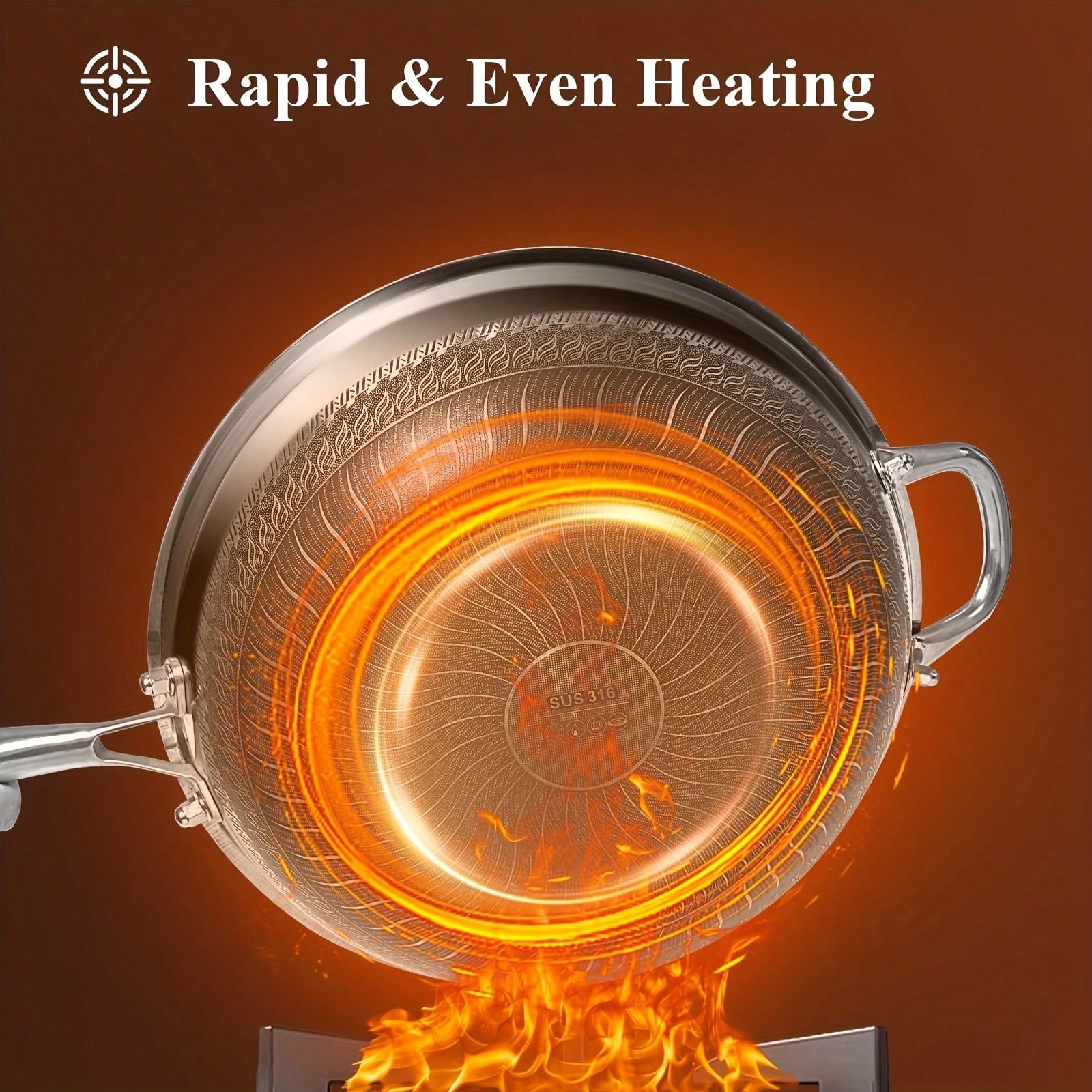 13.3″ Honeycomb Stainless Steel Wok Pan With Lid Scratch Resistant Induction