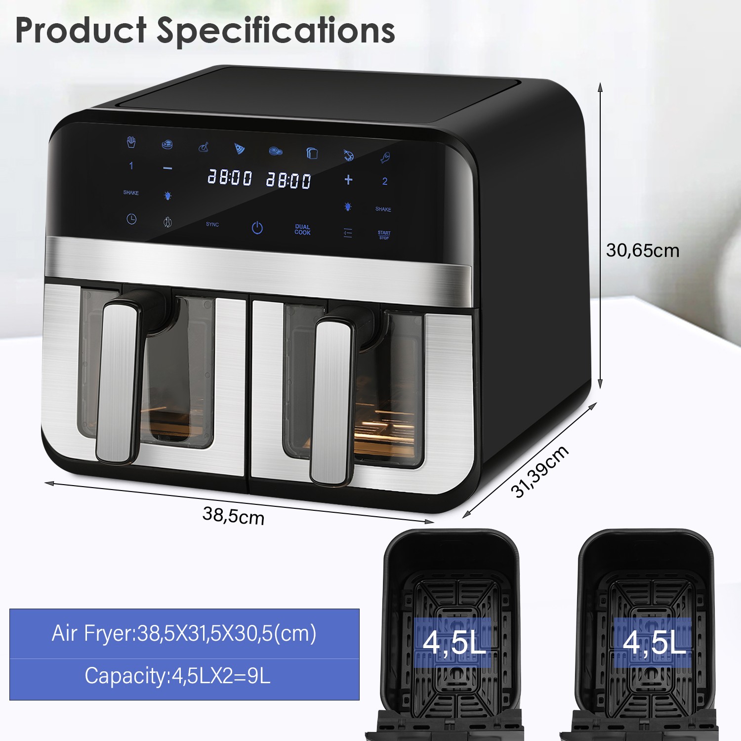 Fat 2400W Digital – Air Low Fryer Dual 80 Air Fryer Modes 9L 200°C 8 Touchscreen