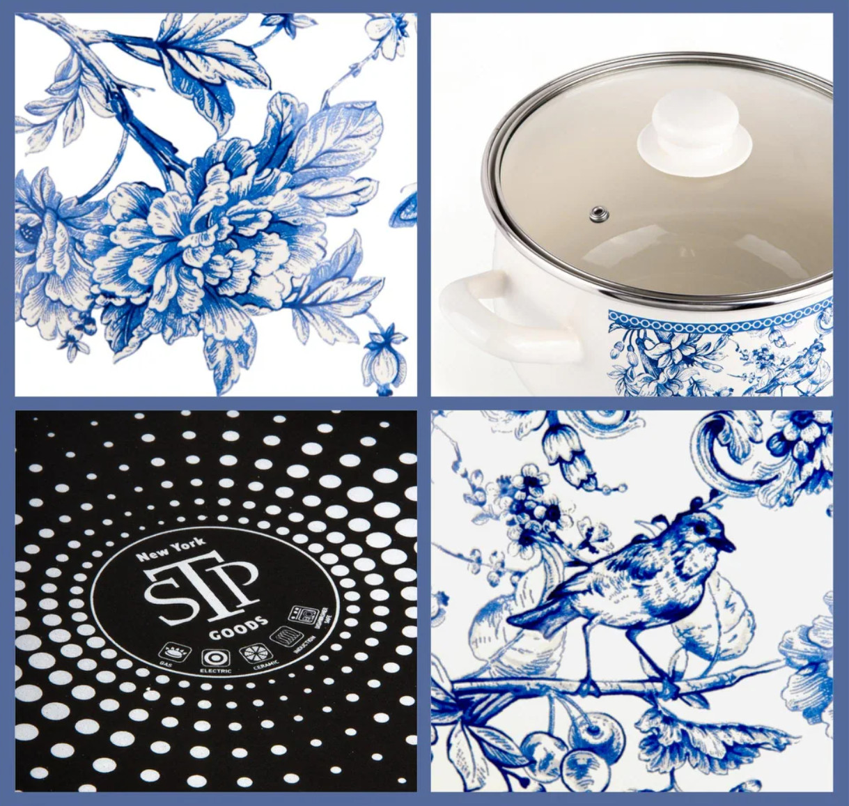 3 Pc Enamel Stock Pot Set with Glass Lids Induction Cookware Blue White