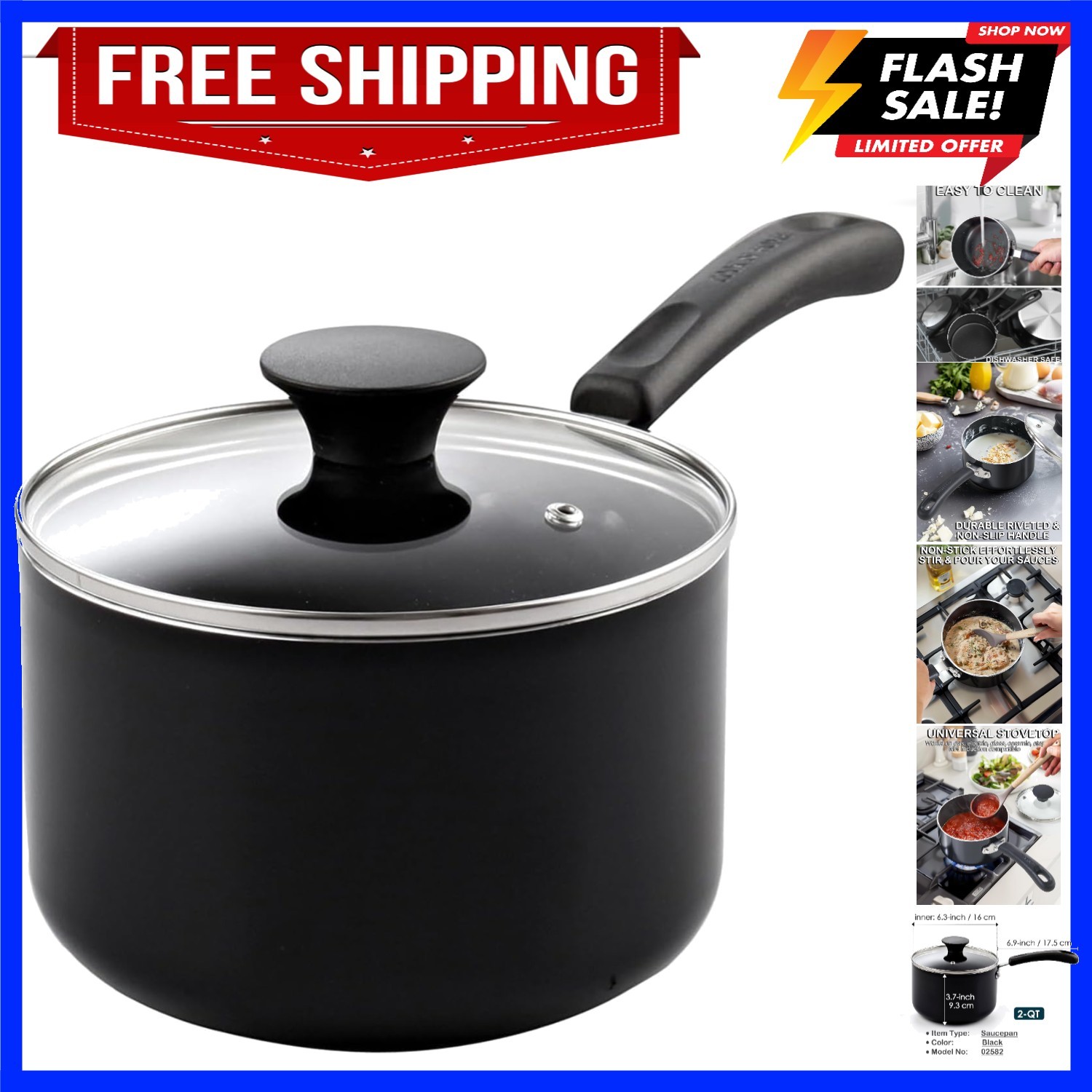 Basic 2 Quart Nonstick Saucepan with Glass Lid, Small Non Stick Aluminum Sauc…