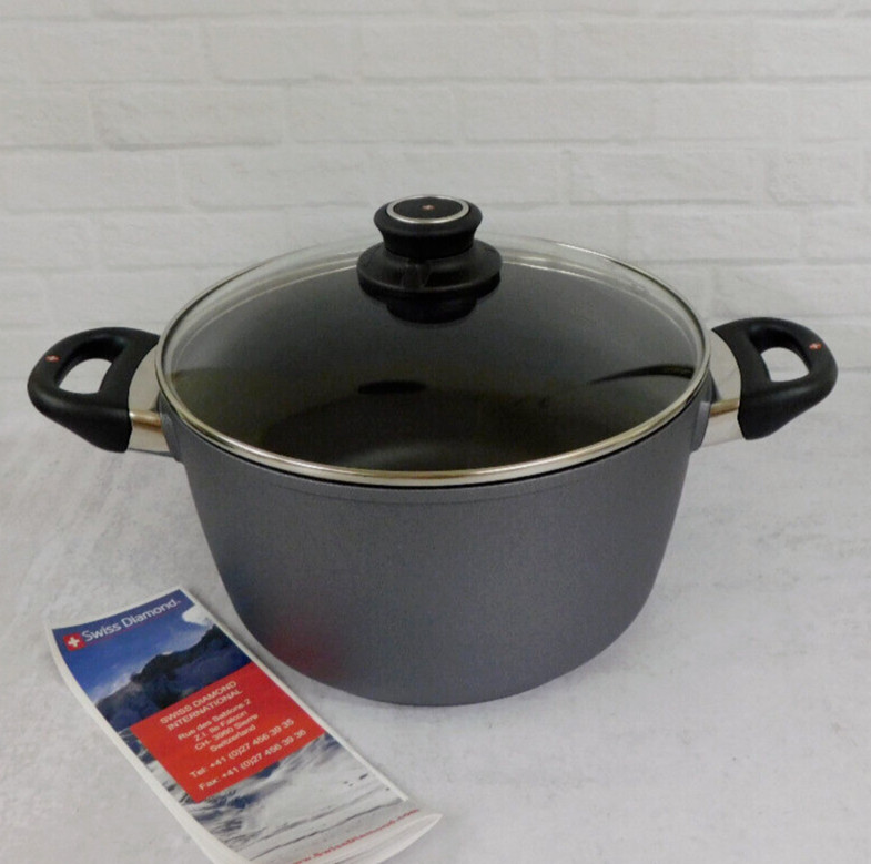 Swiss Diamond HD Classic Nonstick Stock Pot with Glass Lid, 5.5 Quart – NEW