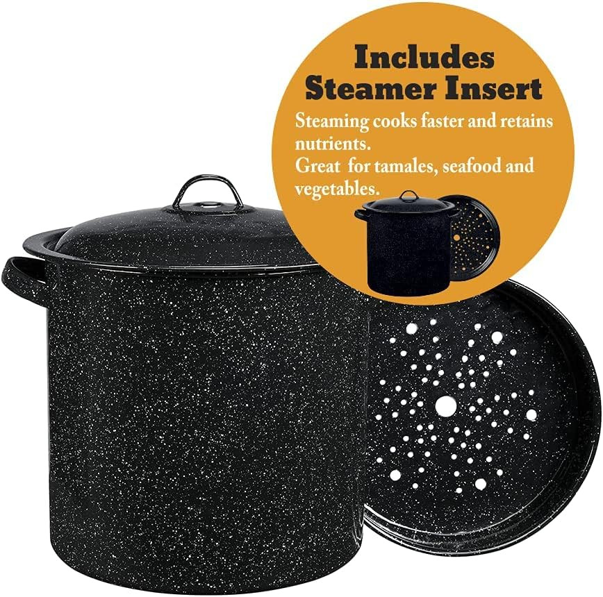 15.5 Qt Steamer Pot with Rack, Black – Multi-Tier Steam Pot for Cooking Tamales,