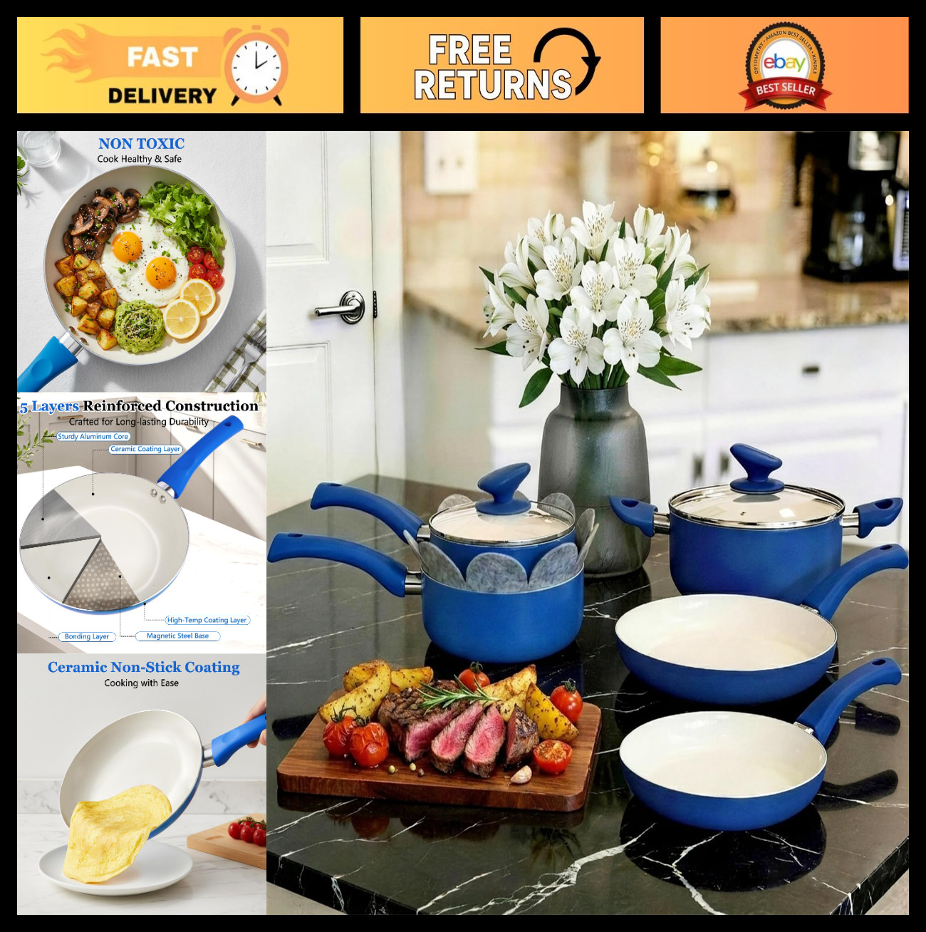 12-Piece Nonstick Ceramic Cookware Set, Induction Ready, Stay-Cool Handles, PFOA