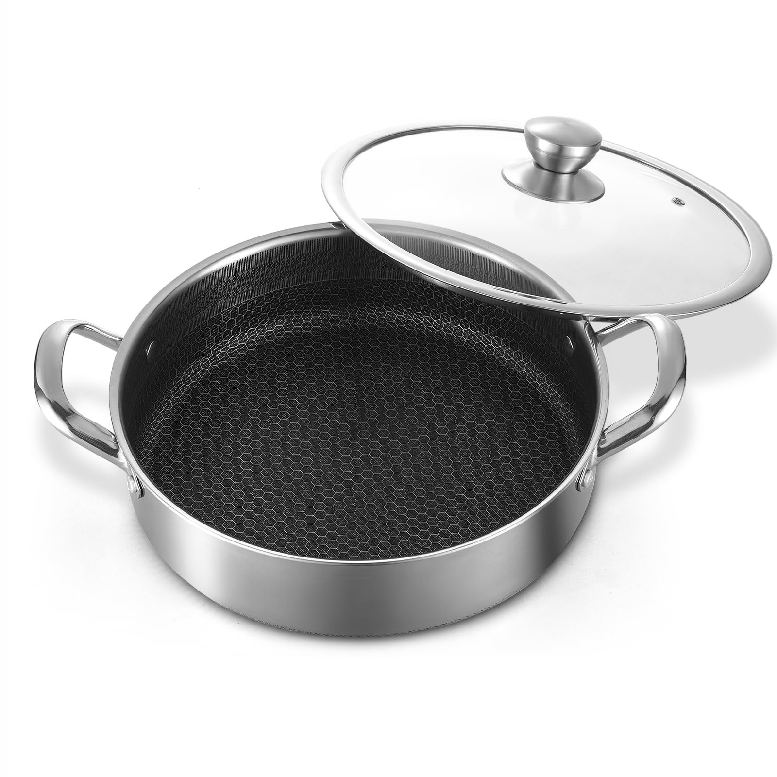 Stainless Steel 7QT Saute Pan 14 Inch Deep Frying Pan with Lid Nonstick,Hybir…