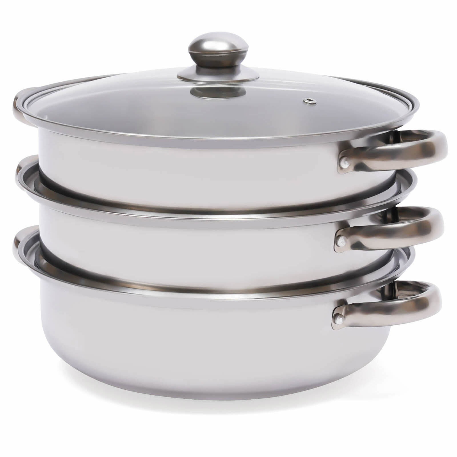 3 Tier Steamer Hot Pot Stainless Steel Cooker Steam Pot Food Cooking + Glass Lid