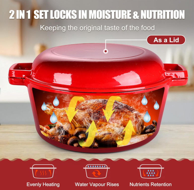 Olla holandesa hierro fundido 5QT 2 en 1 para pan horno y estofados roja, Nuevo