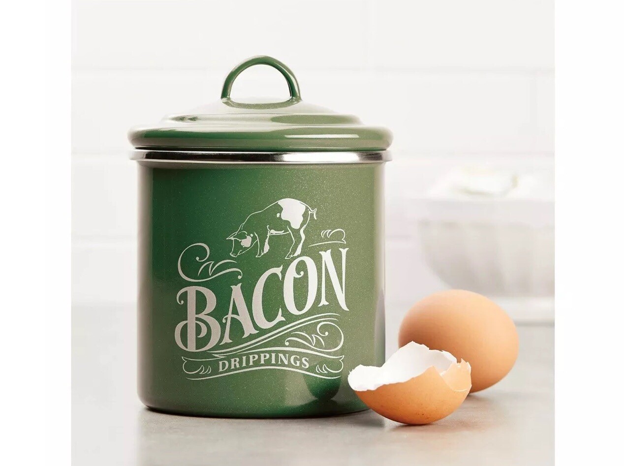 New BACON GREASE CAN Basil GREEN Enamel On Steel Storage Container Ayesha Curry