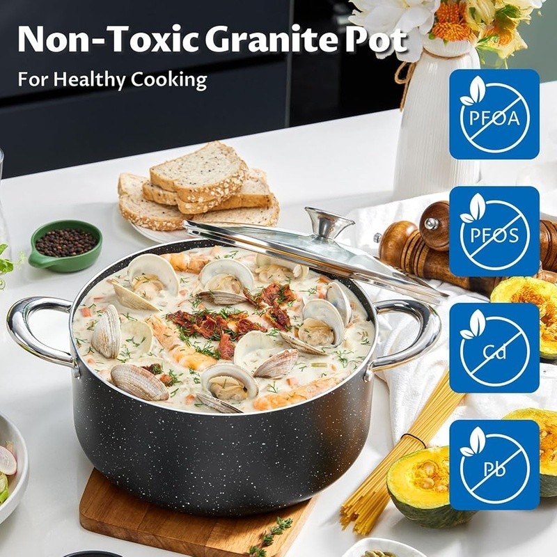 Granite Coated Non-Stick 6QT Induction Cooking Pot W/ Lid Aluminum Soup Pot New