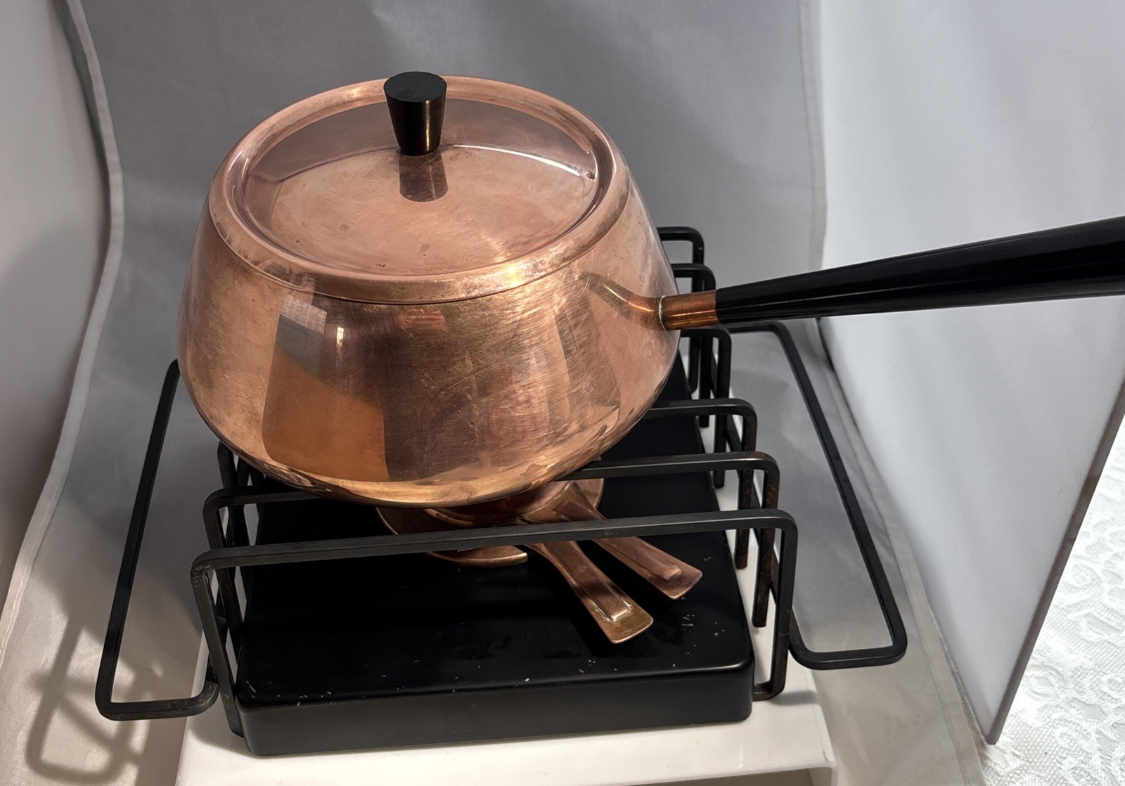 Vintage Spring Culinox Copper Fondue Pan Lids Sterno Burner Stand Forks Swiss