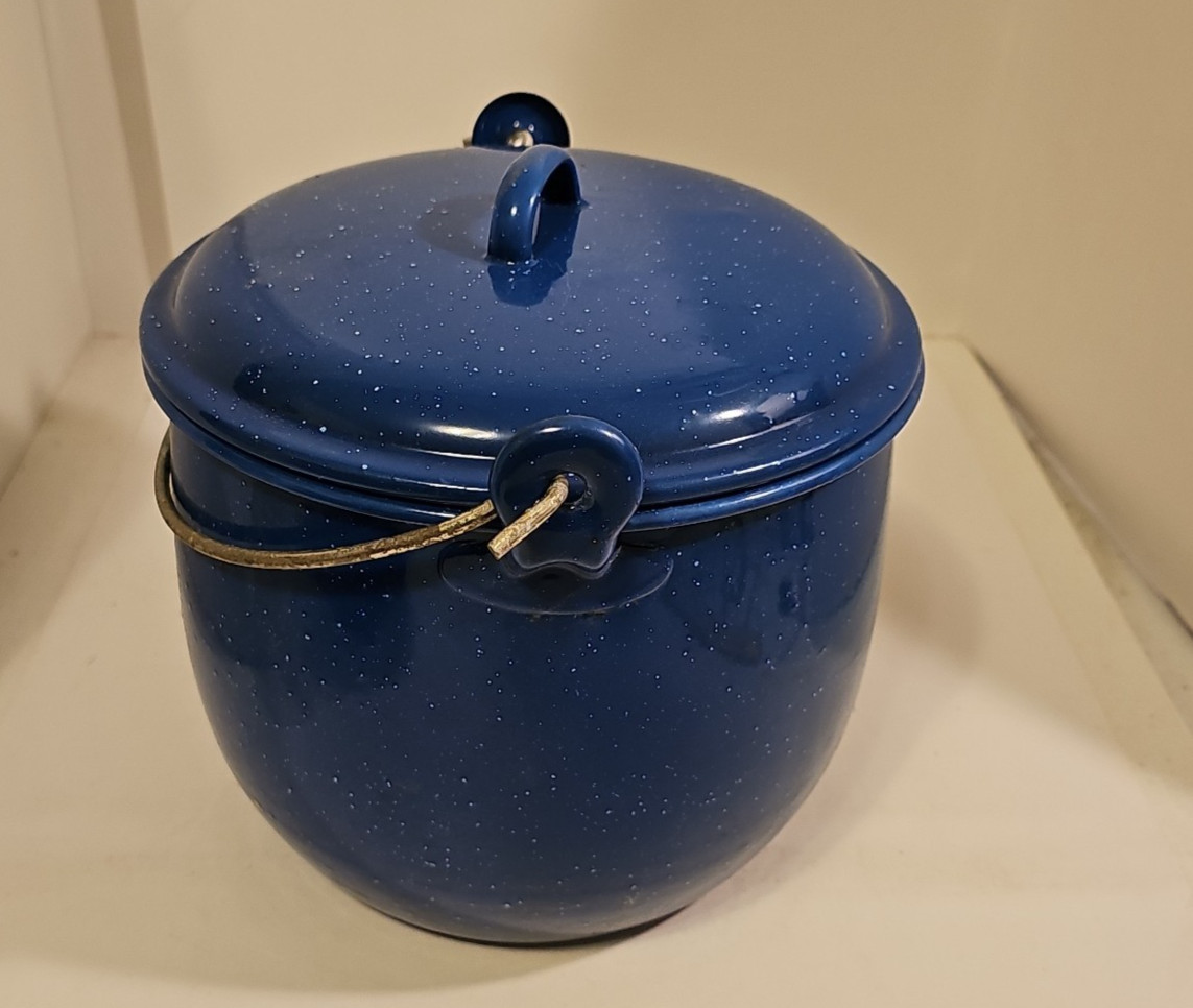 Enamelware Covered Stock Graniteware Handle Blue with White Speckles 6.5” Tall