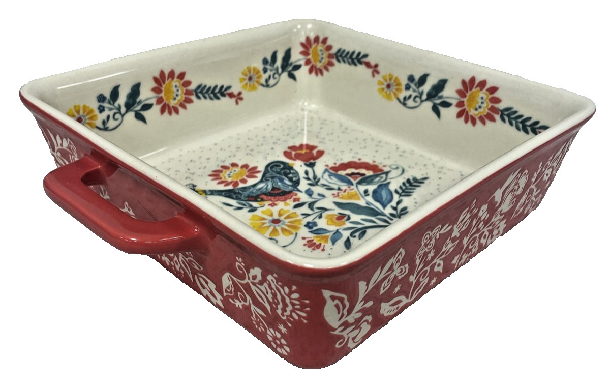 Pioneer Woman Mazie Bird Square Baking Dish 8×8 Casserole Stoneware Red 1.9 QT