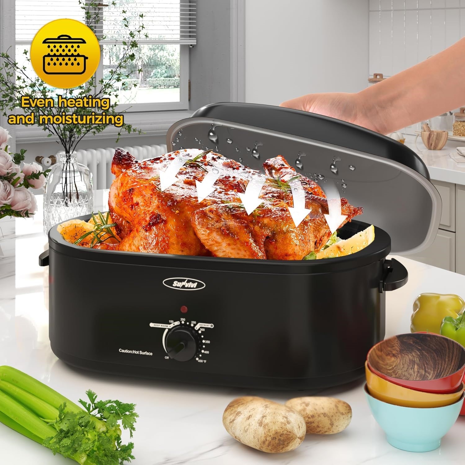Sunvivi 20 Quart Electric Roaster Oven w/ Self-Basting Lid Removeable Pan NEW