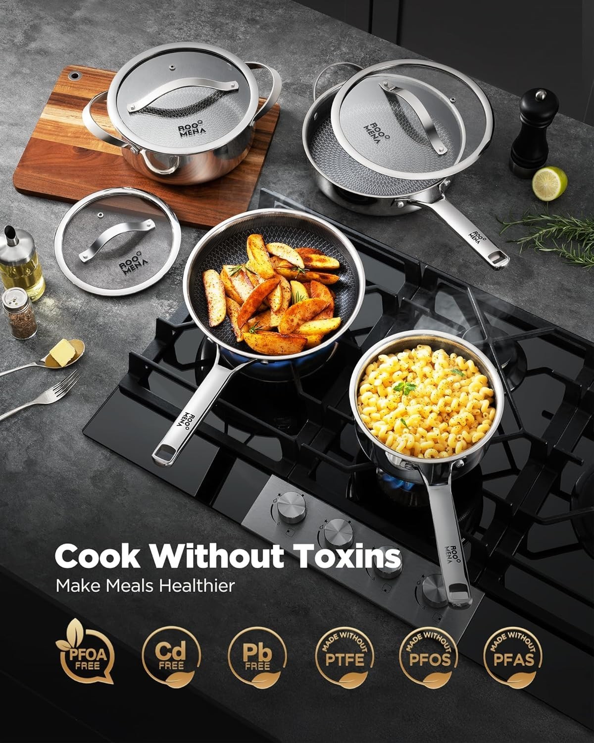 Pots and Pans Set Hybrid Stainless Steel, 17PC Nonstick Tri-Ply Cookware Set w/F