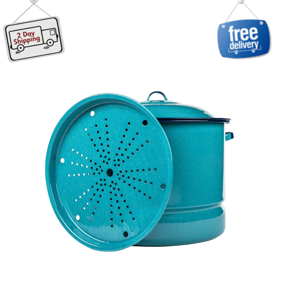 34-Qt Enamel on Steel Steamer Pot Seafood Tamale/Stock Pot with Lid&Trivet Blue
