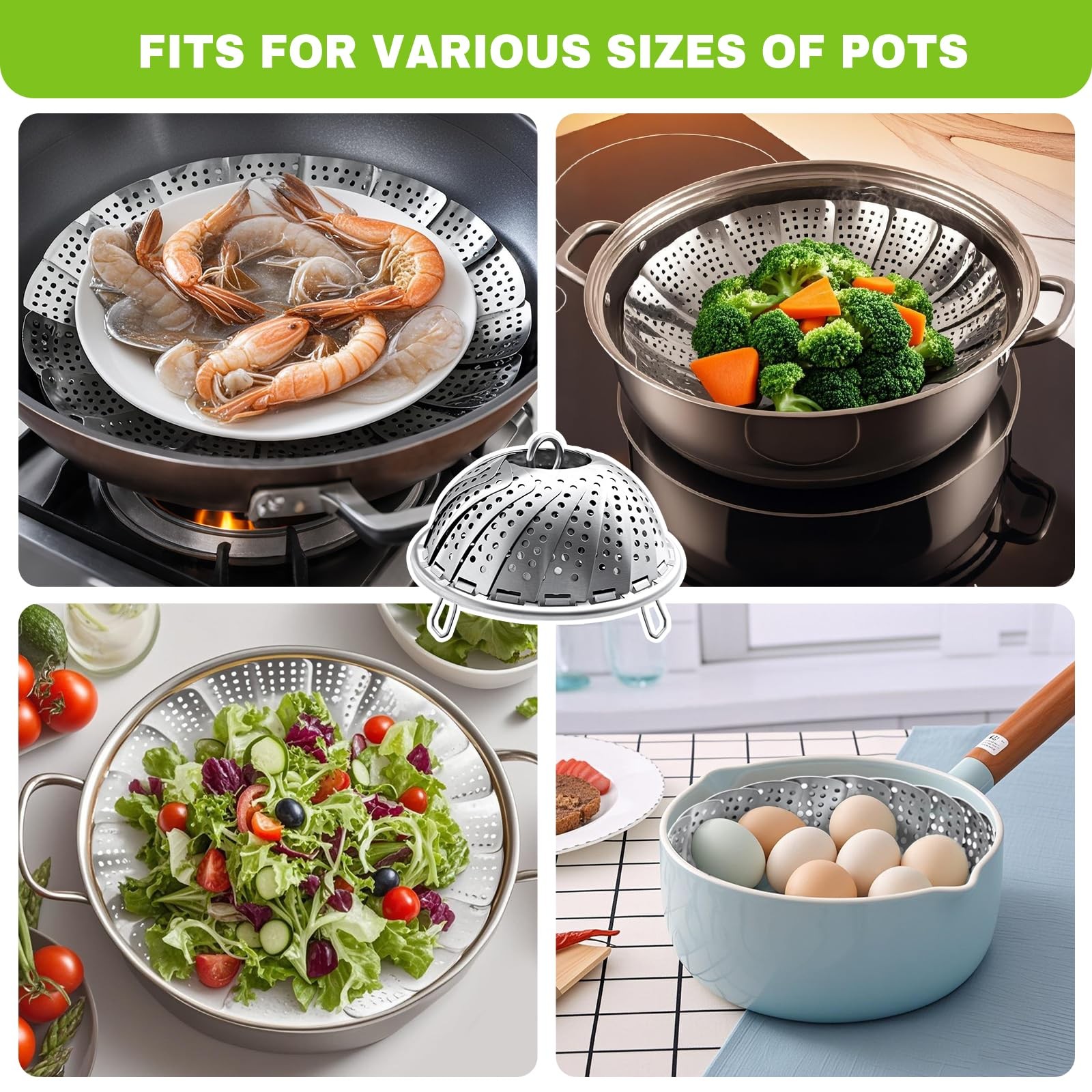 Steamer Basket Stainless Steel Expandable Medium (6.1″ to 10.2″) for Instant Pot