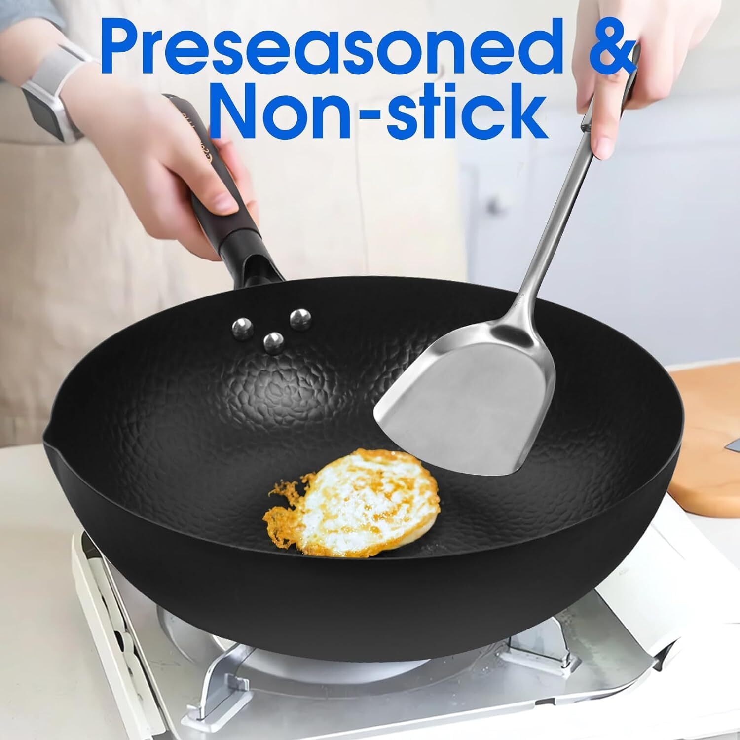 Carbon steel wok for electric stove (including lid and spatula)