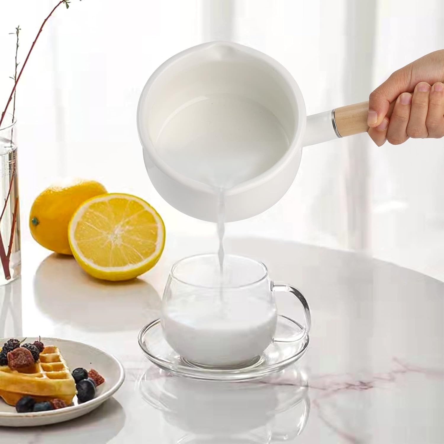 Jucoan 1 Quart Enamel Milk Pan White Dual Pour Spout Ergonomic Wooden Handle