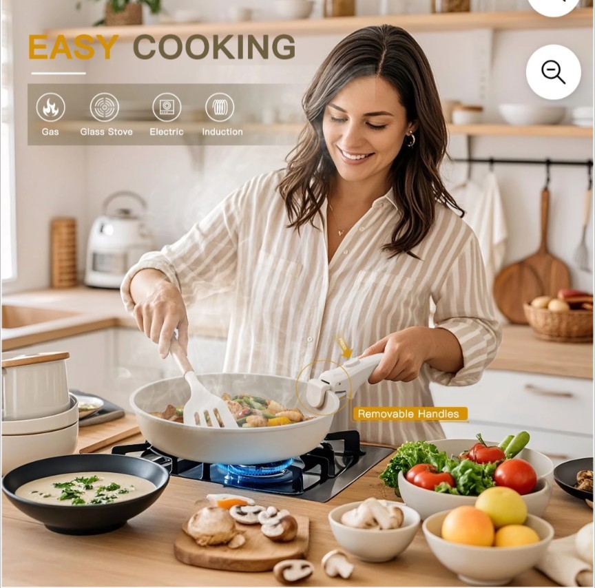 Astercook 20 Piece Cookware Set Non Stick Detachable Handles Cream White