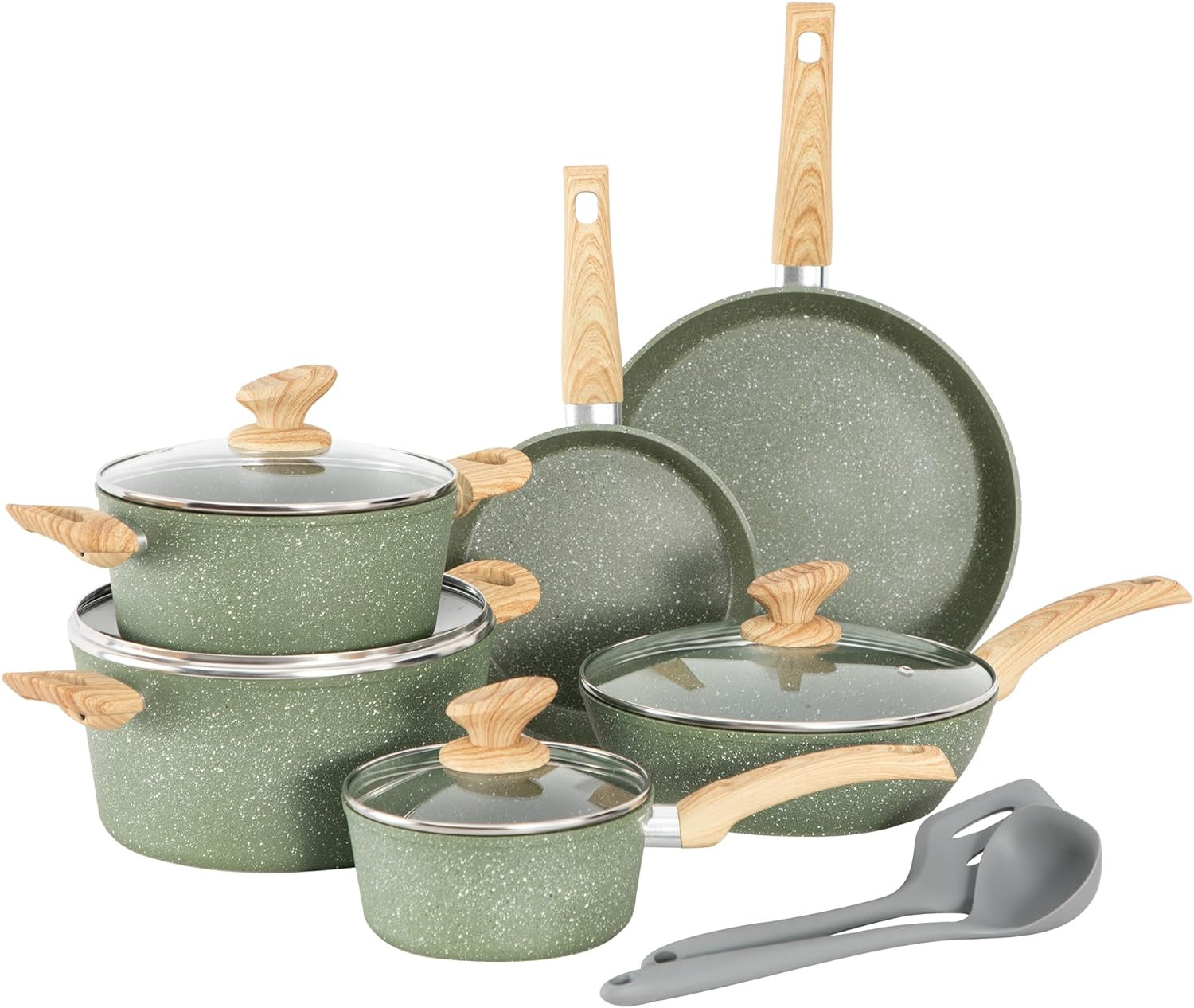 Pots and Pans Set Non Stick, 12 Piece Green Granite Kitchen Cookware Induction C