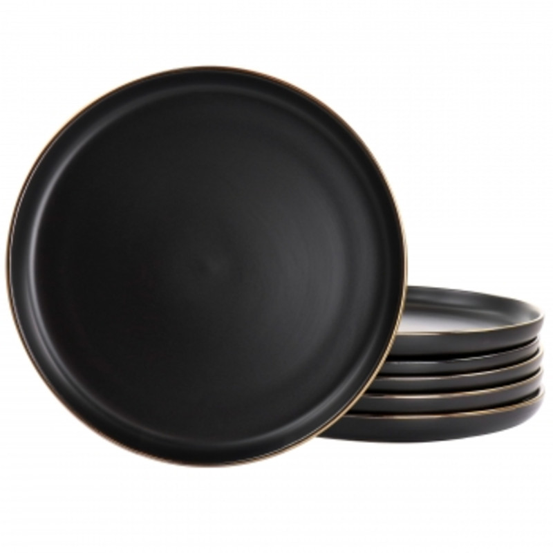 Elama Paul 6 Piece Stoneware Dinner Plate Set In Matte Black With Gold Rim