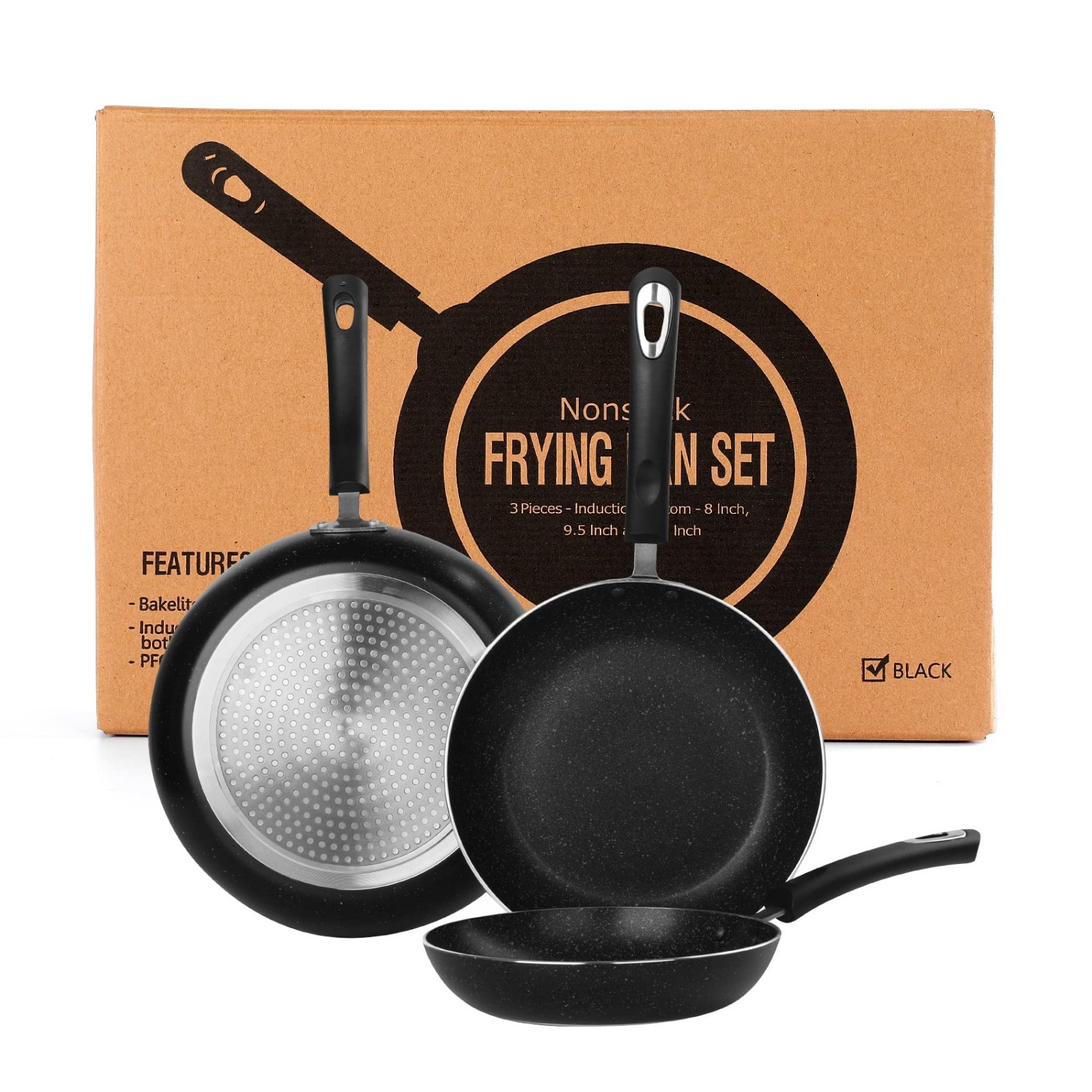 3-Piece Nonstick Frying Pan Set – Induction Compatible Skillets, 8″, 9.5″, 11″ O