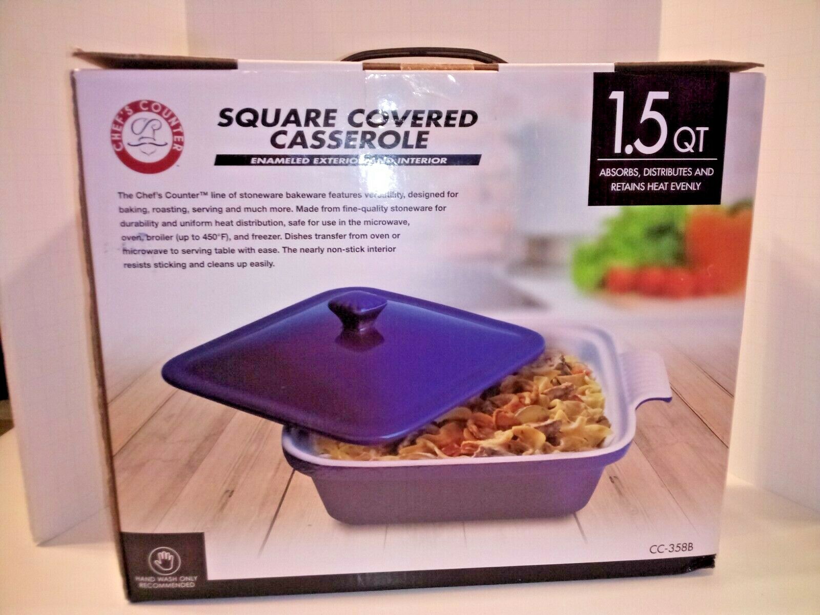 Chef’s Counter/ Square Covered Casserole 1.5 Qt Blue Enameled Exterior