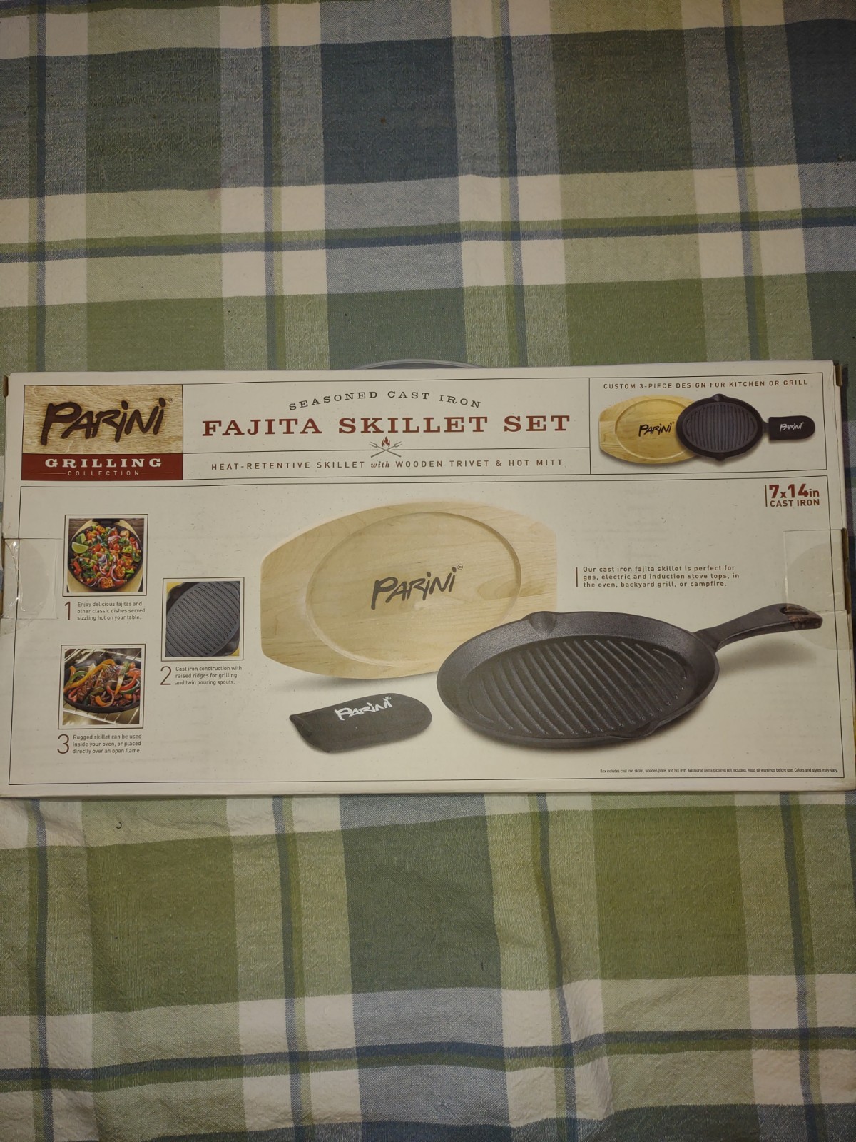 Parini Grilling Fajita Skillet Set Cast Iron Pan 7″ x 14″ Wood Trivet Mitt New