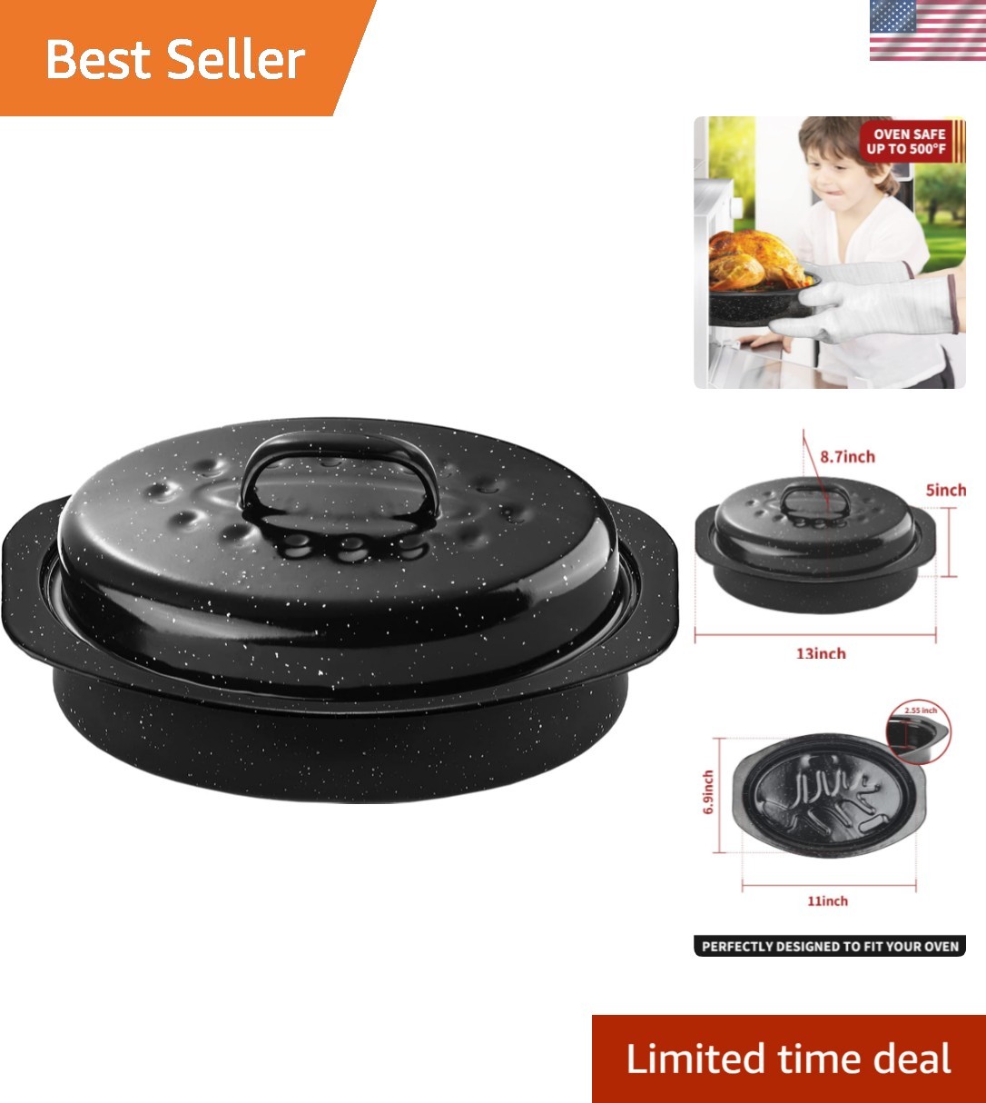 Compact 13 In. Covered Roasting Pan for Family Gatherings – Stylish & Durable
