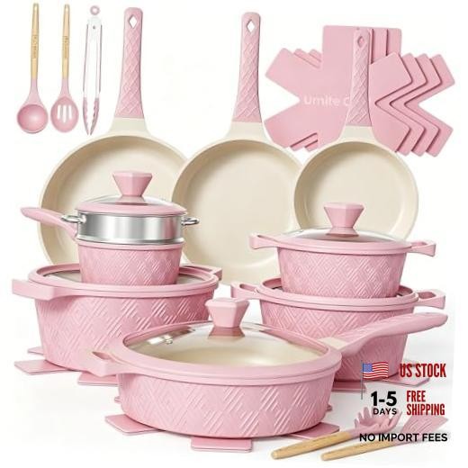 Pots and Pans Set Non Stick, 26PCS Nonstick Cookware Set, Induction Cook Pink