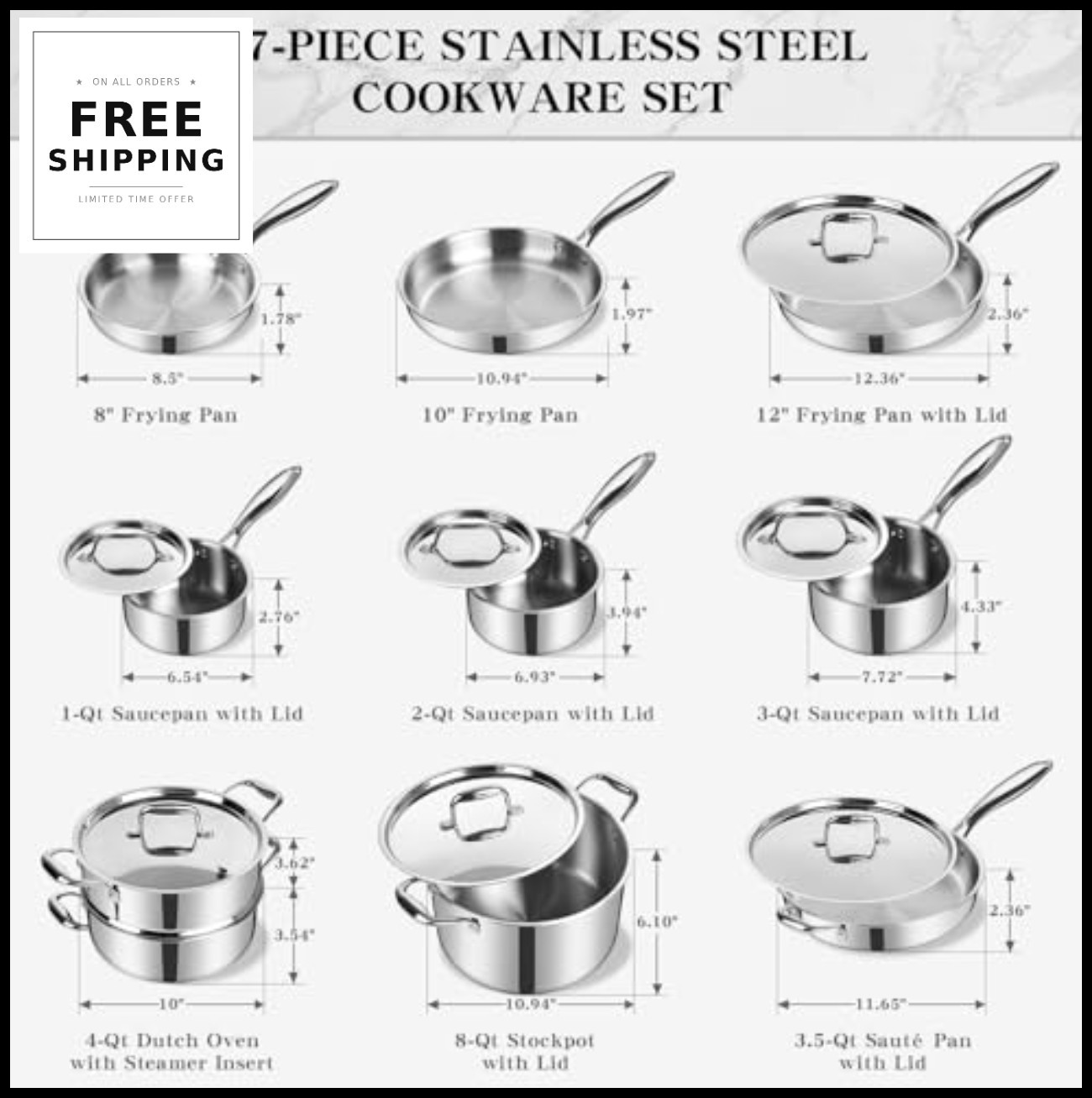 Stainless Steel Cookware Set 17 Piece 3 Ply Induction Saucepan Stock Pot