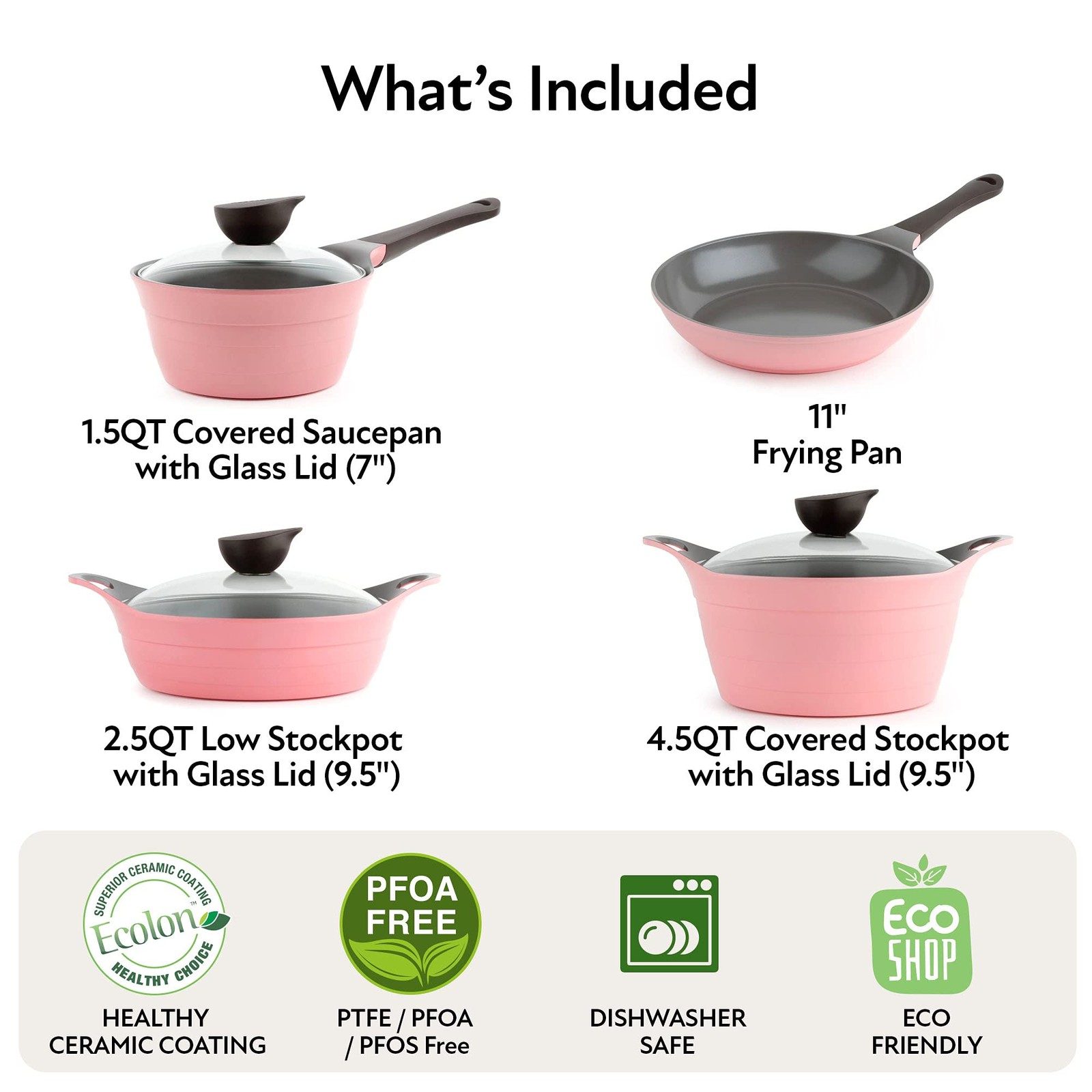 Eela 7pc Ceramic Coated Nonstick Cookware Pots&pan Set With Saucepan Frying Pan