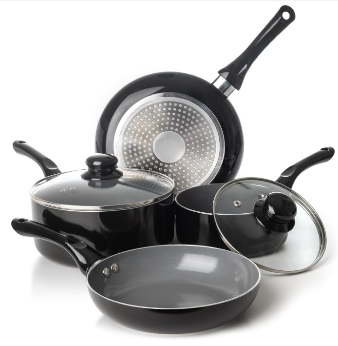 Batería cocina 6 pzs antiadherente negra con tapas, apta inducción y mango frío