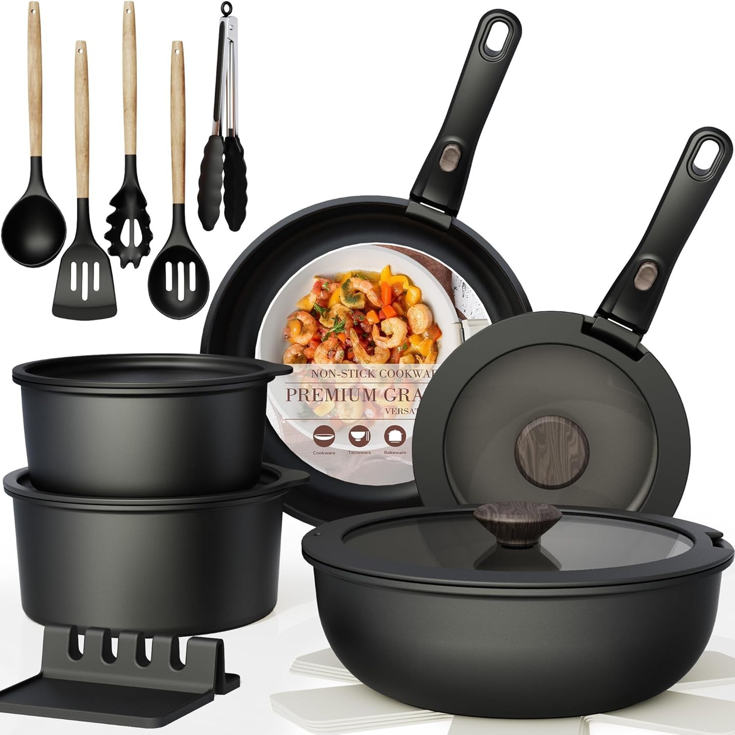 21-Piece Ceramic Pots and Pans Set Non Stick with Detachable Handles and Egg Fry