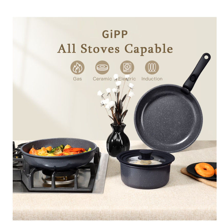 3pc Ceramic Nonstick Frying Pan Set Detachable Handle Oven Safe Induction